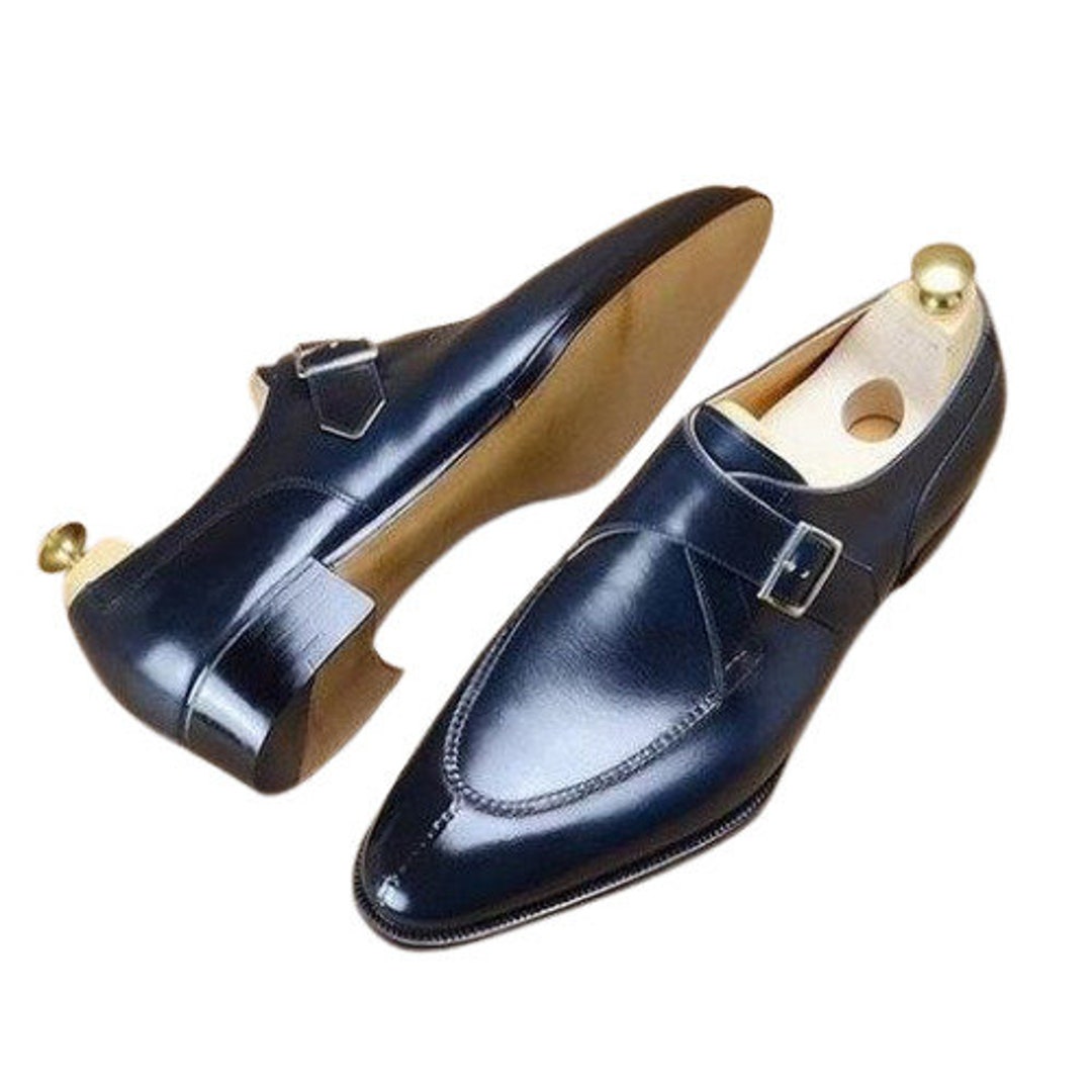 HANDMADE Men's Blue Leather Monk Strap Shoe, Men's Dress up Single
