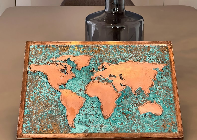 Rustic Copper Wall Art Metal World Map L Copper Patina Decor L World