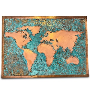 Arte de pared de cobre rústico / Mapa del mundo de metal l Decoración con pátina de cobre l Arte de pared con mapa del mundo l Decoración de interiores de entrada l Mapa del mundo de metal Continentes