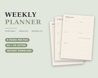 Agenda settimanale stampabile in PDF, agenda settimanale minimalista senza date, formato A4 e US Letter, programma giornaliero, lista delle cose da fare, agenda per la produttività.