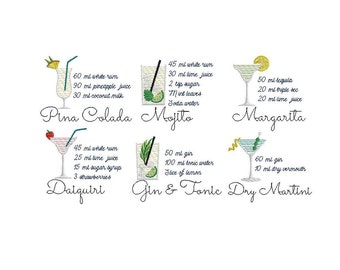set of 6 cocktails & recipe, gin, margarita, mojito, 2 sizes each, machine embroidery designs