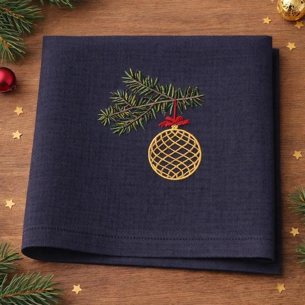 set of 3 Christmas baubles on fir branch, 4 sizes each, machine embroidery designs