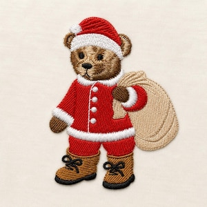 May include: An embroidered patch of a brown teddy bear dressed as Santa Claus. The bear wears a red suit with white trim, a matching hat, and brown boots with black laces. It carries a large, tan-colored sack over its left shoulder.