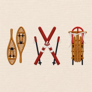Conjunto de esquí de invierno vintage, raquetas de nieve, par de esquís, trineo, 5 tallas cada uno, diseños de bordado a máquina