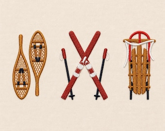 Vintage Winter Ski set, snowshoes, ski pair, sled, 5 sizes each, machine embroidery designs