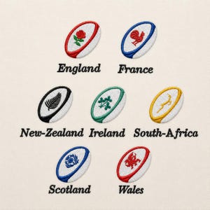 Set di palloni da rugby di Inghilterra, Sudafrica, Francia, Nuova Zelanda e Scozia, 3 misure ciascuna, disegni per ricamo a macchina.