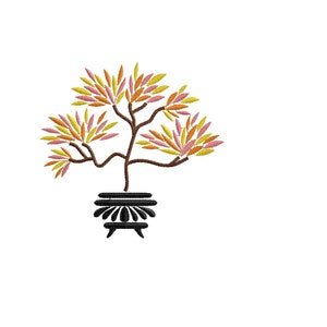 May include: An embroidery design of a bonsai tree with a brown trunk and branches, and leaves in shades of orange, yellow, and pink. The tree is in a black pot with a decorative design. The design is called "bonzai_2_4.5in" and is 11.42 cm by 10.92 cm. It uses 10,500 stitches and 36.42 meters of yarn.