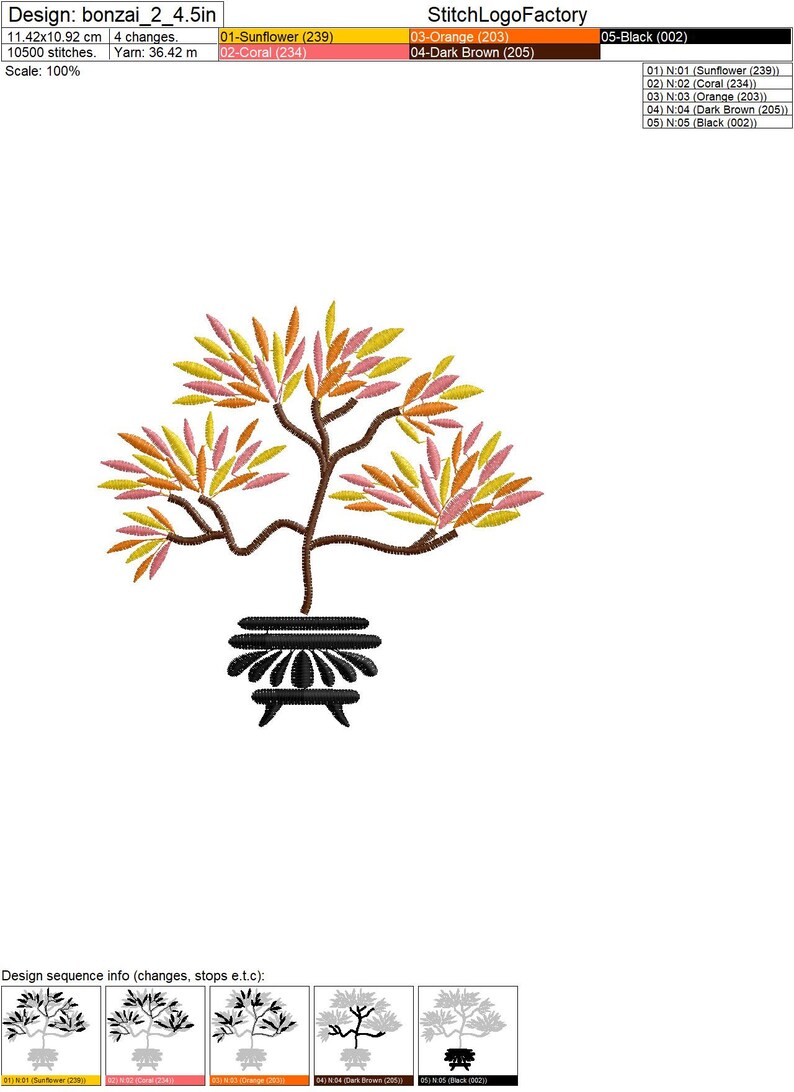 May include: An embroidery design of a bonsai tree with a brown trunk and branches, and leaves in shades of orange, yellow, and pink. The tree is in a black pot with a decorative design. The design is called "bonzai_2_4.5in" and is 11.42 cm by 10.92 cm. It uses 10,500 stitches and 36.42 meters of yarn.