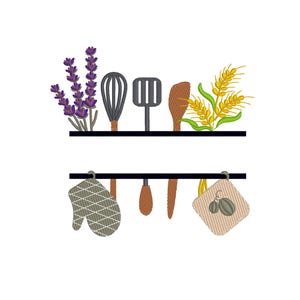 May include: A split monogram design with a black metal rack holding kitchen utensils, including a whisk, spatula, and wooden spoons. Lavender sprigs and wheat stalks are on either side of the rack. Two oven mitts hang below the rack.
