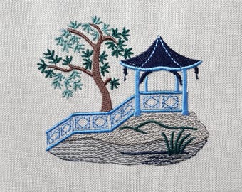 Blue Pagoda House River, 4 sizes, machine embroidery designs