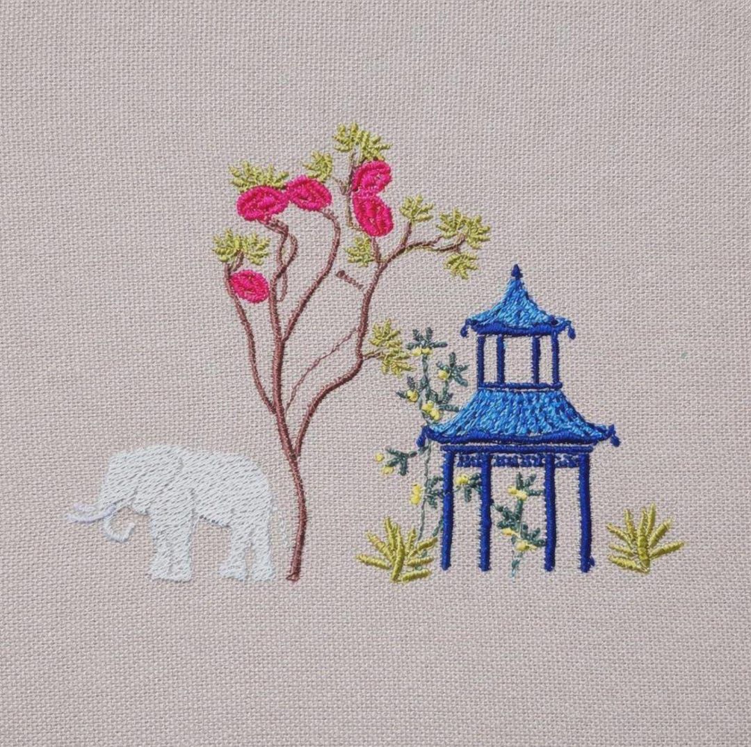 Pagoda and Elephant Chinoiserie, 4 Sizes, Machine Embroidery