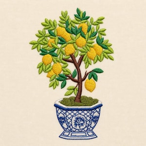 Drzewko cytrynowe w doniczce w stylu chinoiserie, 4 rozmiary, wzory haftu maszynowego