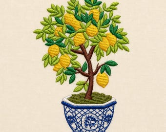 Lemon tree in a chinoiserie pot, 4 sizes, machine embroidery designs