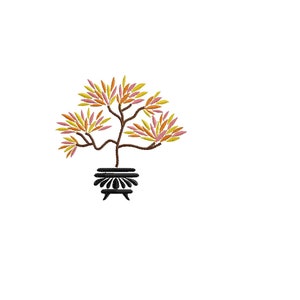 May include: Embroidered design of a bonsai tree with a brown trunk and branches, and leaves in shades of yellow, orange, and pink. The tree is in a black pot with a decorative design. The design is 3.5 inches wide and uses 8300 stitches.