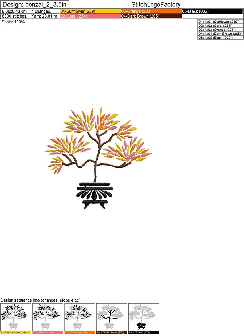 May include: Embroidered design of a bonsai tree with a brown trunk and branches, and leaves in shades of yellow, orange, and pink. The tree is in a black pot with a decorative design. The design is 3.5 inches wide and uses 8300 stitches.
