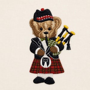 Teddy bear scottish wearing kilt playing bagpipes, 3 sizes, machine embroidery designs