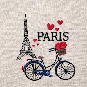 Bicicletta a Parigi, Francia, Torre Eiffel, 5 misure, disegni da ricamo a macchina