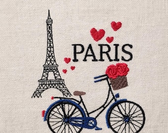 Bicicleta en París, Francia, Torre Eiffel, 5 tamaños, diseños de bordado a máquina