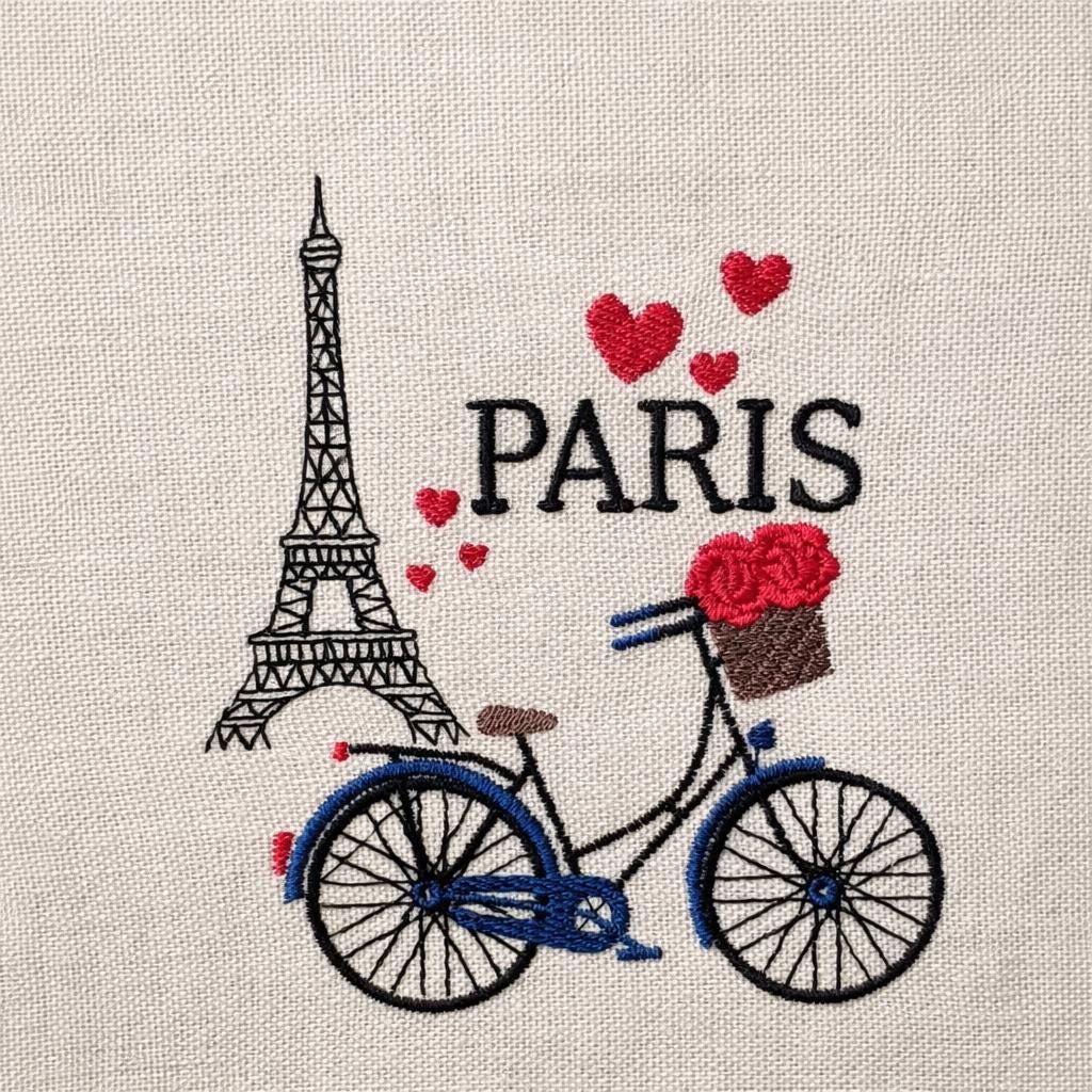 フランスのパリの自転車、エッフェル塔、5つのサイズ、機械刺繍 