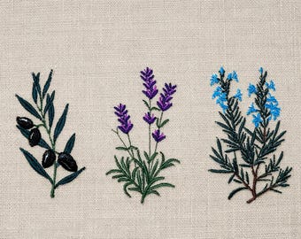 Mediterranean set, lavender, rosemary and olive branch, 3 sizes each, machine embroidery designs