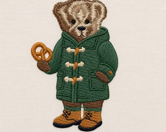 Teddy bear eating a pretzel, 3 sizes, machine embroidery designs