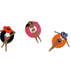 3 Designs mit Mädchen im Schwimmbad, je 4 Größen Stickmuster Stickdateien zum sofort herunterladen