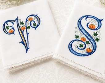 Vintage old Monograms with pumpkin, 26 capital letters, 4 sizes, machine embroidery designs