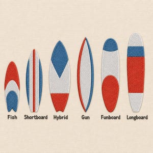 Set van surfplanken, zeesurf, 3 maten van elk, met machineborduurontwerpen.