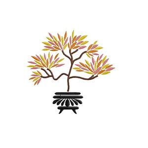 May include: A stylized embroidery design of a bonsai tree with yellow, orange, and pink leaves in a black pot.