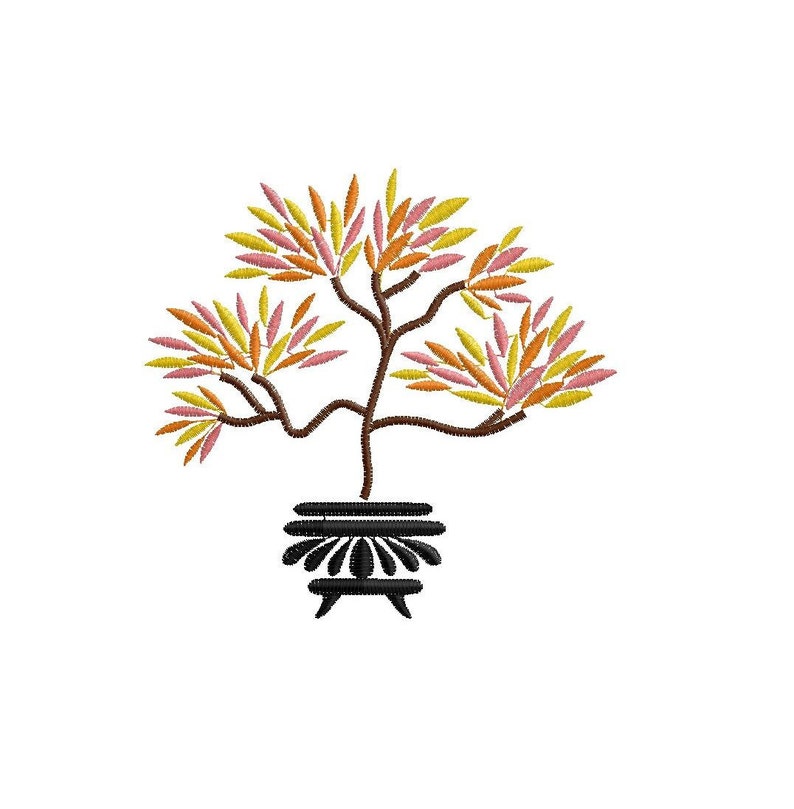 May include: A stylized embroidery design of a bonsai tree with yellow, orange, and pink leaves in a black pot.