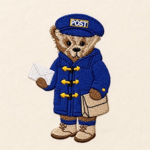Teddybeer, postbode in duffeljas, 3 maten, machineborduurontwerpen