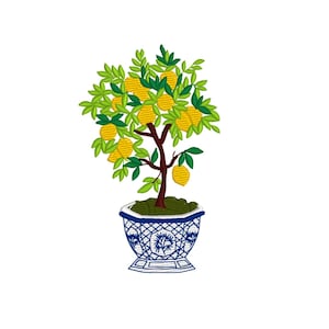 Lemon tree in a chinoiserie pot, 4 sizes machine embroidery designs instant download
