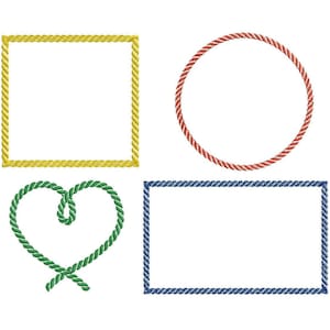 Può includere: Quattro cornici in corda di diverse forme e colori: un quadrato giallo, un cerchio rosso, un cuore verde e un rettangolo blu.