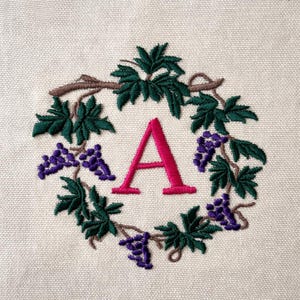 Grape vine monogram wreath frame A-M, N-Z & frame only, 3 sizes, machine embroidery designs