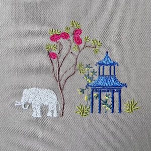 Pagoda and Elephant Chinoiserie, 4 sizes machine embroidery designs instant download