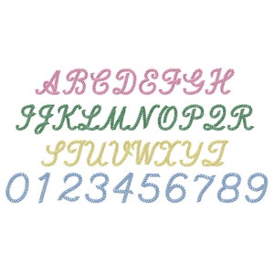 May include: A set of rope-style letters and numbers in pink, green, yellow, and blue. The letters are in a cursive font and the numbers are in a block font.