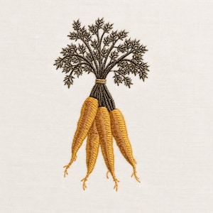 May include: An embroidery design featuring a cluster of four golden-yellow carrots with dark brown, detailed leafy tops. The carrots are arranged in a bunch, tied together with a small brown thread, and stitched onto a plain white fabric background.