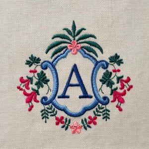 Ornate cartouche floral monogram frame A-M, N-Z & frame only, 3 sizes, machine embroidery designs