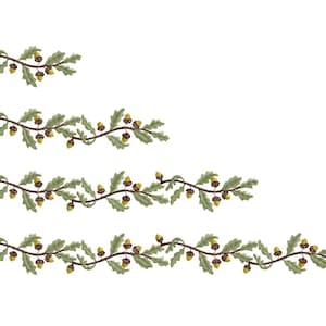 May include: Four embroidered oak branch designs featuring green leaves and brown acorns. The branches are arranged in descending order, with the smallest branch at the top and the largest at the bottom. The designs are on a white background.