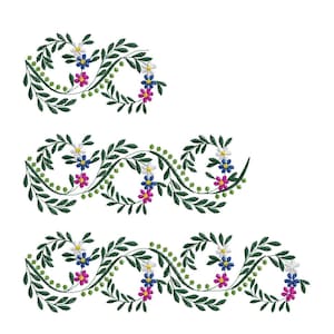 Może przedstawiać: Trzy haftowane bordury kwiatowe z zielonymi liśćmi i różowymi, białymi i niebieskimi kwiatami. Bordury są ułożone w falisty wzór.
