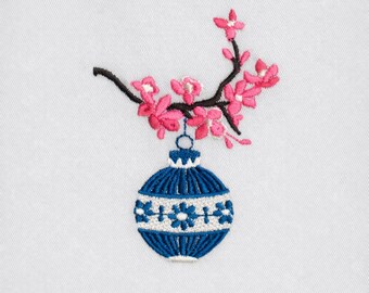 Chinoiserie Christmas Ornament with Cherry Blossoms, 3 sizes, machine embroidery designs