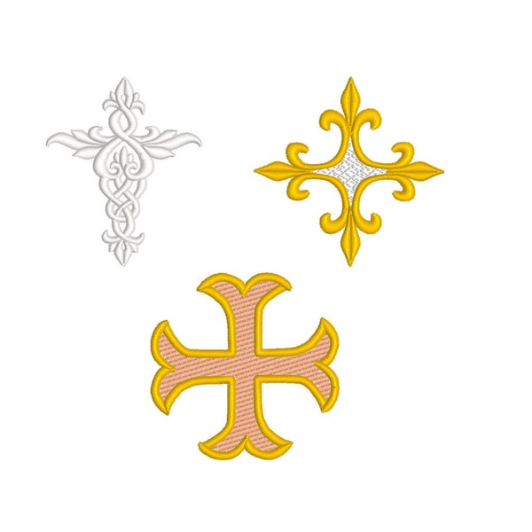 set of 3 Cross patterns, musketeer cross, baroque cross, fleur de lis cross, 4 sizes each, machine embroidery designs instant download
