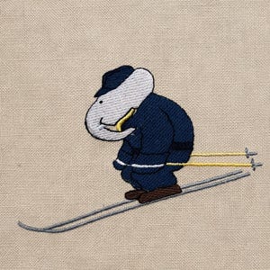 Elefante Babar esquiando con bufanda, 3 tamaños, diseños de bordado a máquina