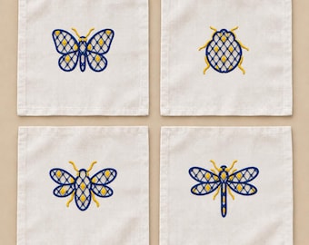 set of 4 Quilted insects, Butterfly Bee Beetle Dragonfly, 3 sizes each, machine embroidery designs
