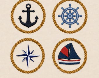 May include: Four circular embroidered patches on a cream fabric background. Each patch features a golden rope border. The designs include a black anchor, a blue ship wheel, a blue and white compass rose, and a sailboat with red, blue, and white sails.