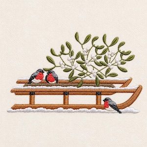 Gemütlicher Winterschlitten mit Mistelzweig, Weihnachten, Wintervögel, 4 Größen, Stickmuster