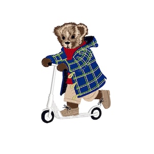 Teddy Bear on Scooter, Playful Bear in Plaid Coat, 3 sizes, machine embroidery designs instant download