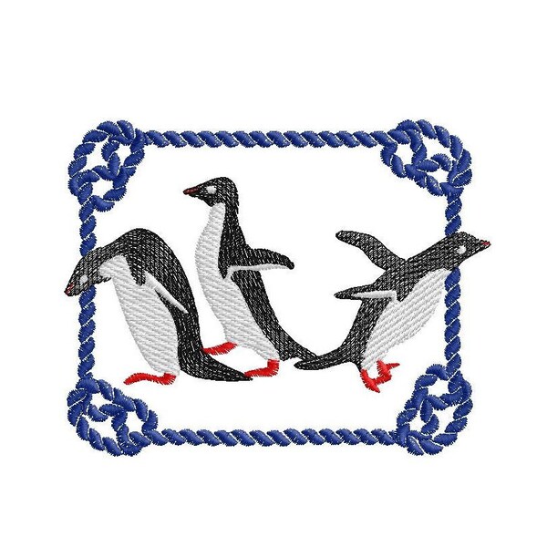 penguins in a Rope rectangle frame with knots, 3 sizes machine embroidery designs instant download