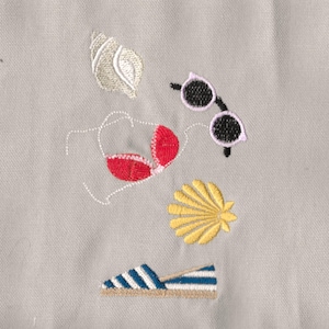 set of shell, swimsuit, espadrille, sunglass, 3 sizes each, machine embroidery designs instant download