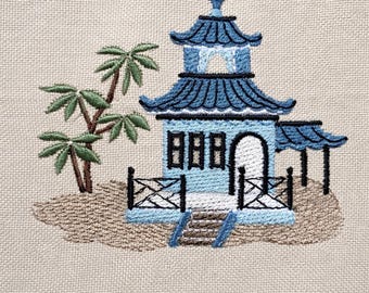 Blue Pagoda House, 4 sizes, machine embroidery designs